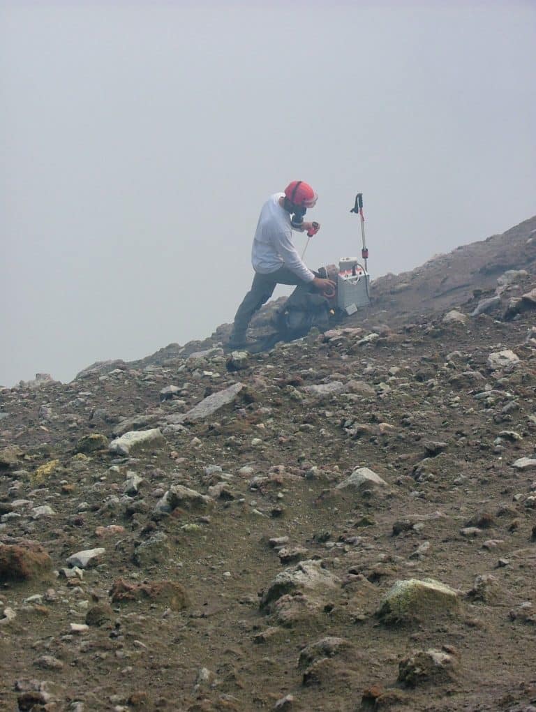 Sampling volcanic gases on the edge of a volcanic crater 1: Mt Etna, Sicily. Photo credit: David Pyle, University of Oxford.