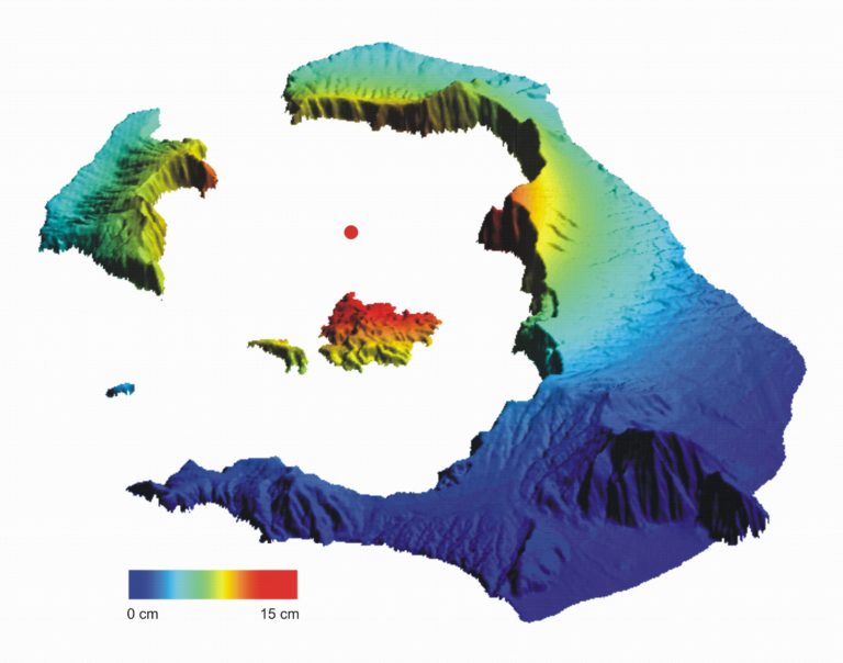 Simulation, based on satellite radar measurements, of the bulging of a volcano over the course of 18 months due to movement of magma at depth. Location: Santorini, Greece. Image credit: Michelle Parks, University of Oxford.