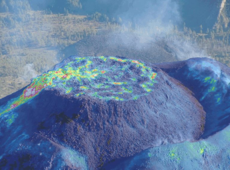 Hot-spots on a lava dome at the summit of an active volcano, mapped with an infra-red camera, overlain on a digital photo. The lava dome is about 300 m across. Location: Colima volcano, Mexico. Image credit: Will Hutchison, University of Oxford.