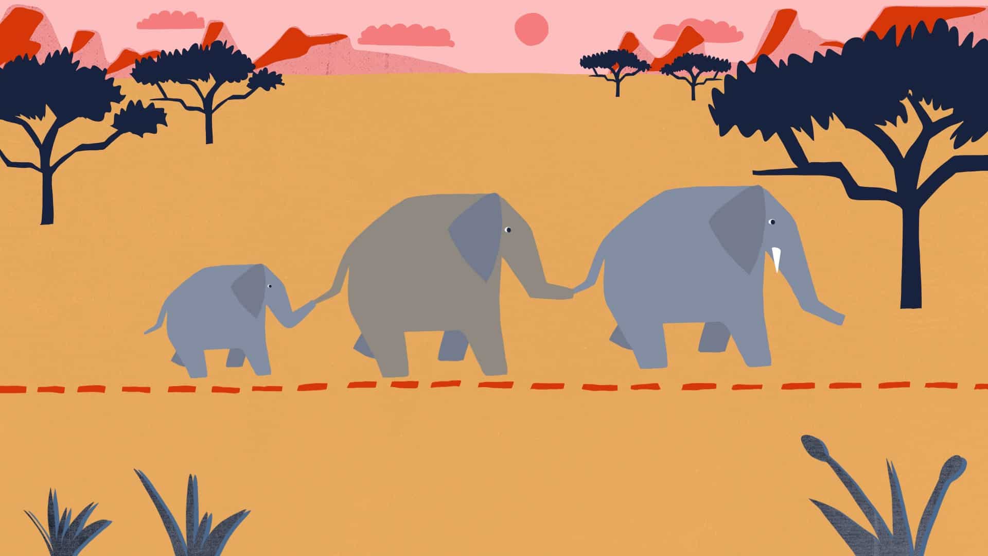 Animation scene of three elephants walking in line seen side on