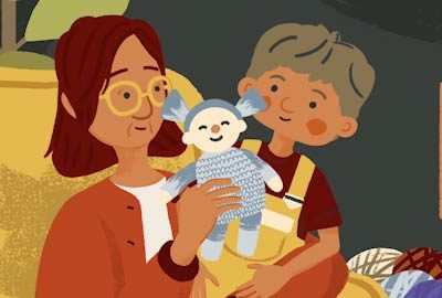A grandmother, grandchild and rag doll. Still from the animation "A smart patch that promotes shoulder repair".