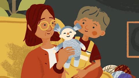 A grandmother, grandchild and rag doll. Still from the animation "A smart patch that promotes shoulder repair".