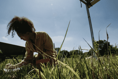 Sara doing sitting in the grasslands at Wytham. Featured image for the video "The RainDrop Experiment".