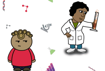 Cartoon boy and scientist for the podcast episode "Should we trust scientists?"
