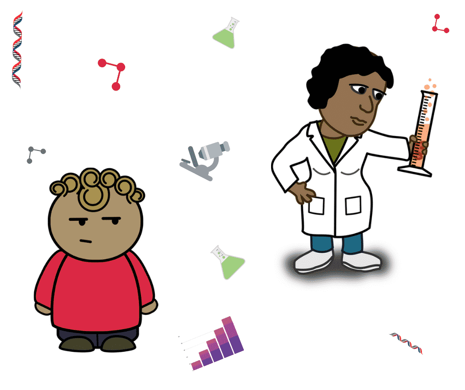 Cartoon boy and scientist for the podcast episode "Should we trust scientists?"