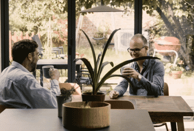 Lessons from Lockdown Energy Use. Thumbnail image: Phil and Jan talk over a cup of coffee.