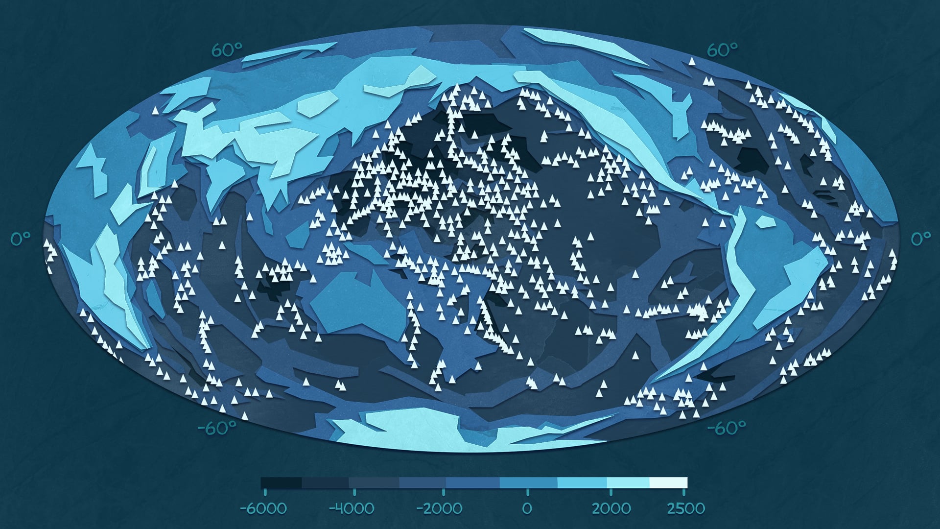 Cartoon map of seamounts. Featured image for animation "Our mysterious ocean floor".