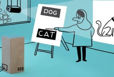 Cartoon of a scientist pointing to the word cat, to teach a machine learning algorithm to distinguish between dogs and cats.