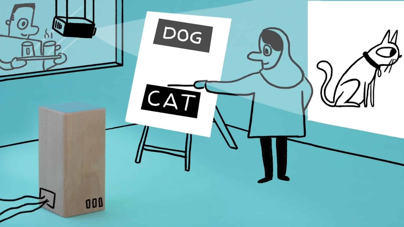 Cartoon of a scientist pointing to the word cat, to teach a machine learning algorithm to distinguish between dogs and cats.