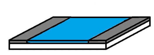 A diagram of a shallow rectangular block. It has a white base and a grey upper-half, with a wide blue stripe down the centre of the upper face.