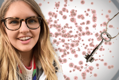 Behind the Scenes in the 'Cell Lab'. Image of Lizzie, a petri dish of cells and a key.