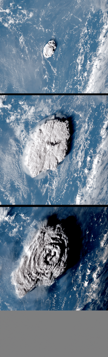 The Hunga Tonga–Hunga Haʻapai eruption as seen by Japan's Himawari-8 satellite on 15 January 2022. Images show minutes into the eruption); 45 minutes into the eruption; and 1 hour 35 minutes into the eruption.