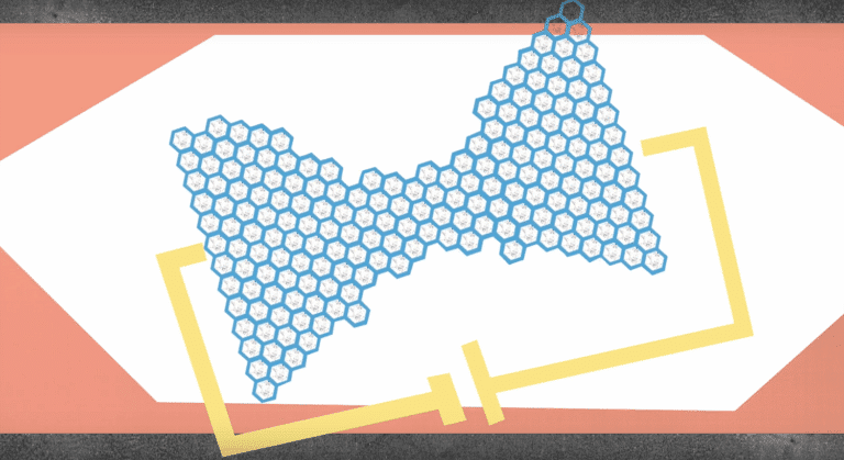 Animation scene showing atoms organised into shape of a bowtie that is part of circuit