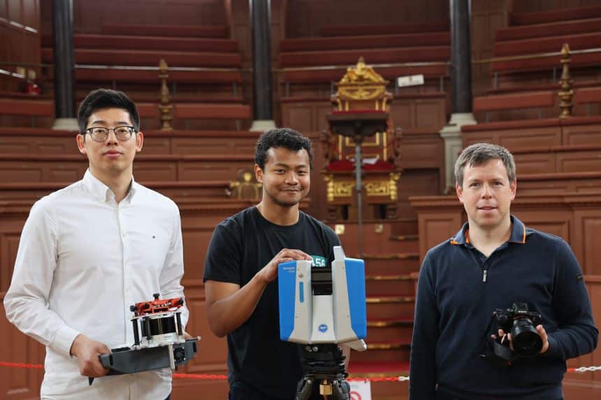 From left to right: Lintong Zhang, Frank Fu and Professor Maurice Fallon, from the Oxford Robotics Institute. Image credit: Amber Allen.