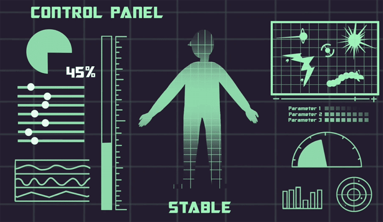 An animation scene depicting a human control panel with various readouts