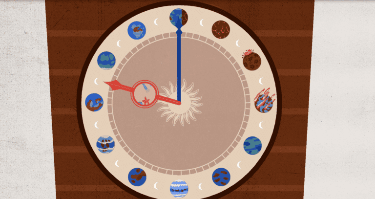 An animated picture of a clock of the earth's geological history