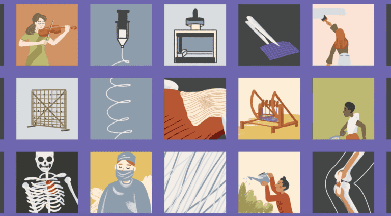 An animation scene showing a collage of images that represent t he process, applications to different body areas, and people doing gardening, sports, DIY (benefits)