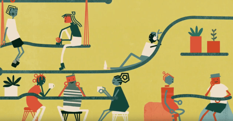 animation scene showing soluble semiconductors depicted as young and relaxed office workers