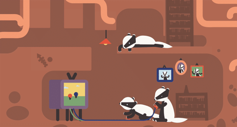 An animation scene showing badgers in their underground sett