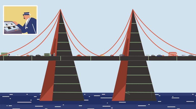 An animation scene showing a bridge and a pop-out of a worker at a console