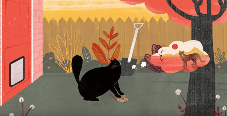 Animation scene showing a modern cat thinking about a big cat in the wild