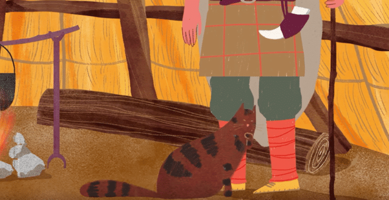 Animation scene showing a pre-historic domestic setting and a cat leaning on a person standing