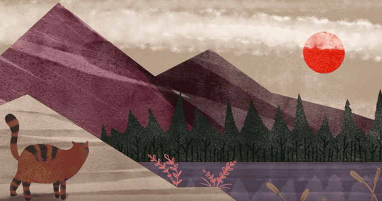 An animation scene showing a wildcat in a landscape of mountains, lake and forest.