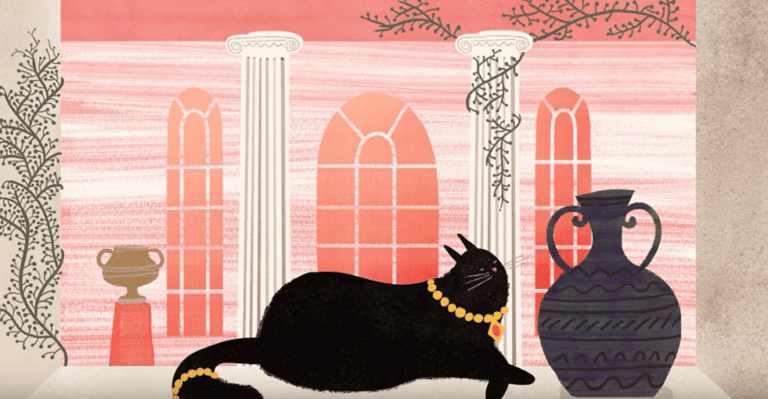 An animation scene showing a cat in roman times (wearing a gold collar by a vase)