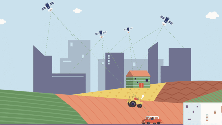 Animation scene of buildings showing urban and rural spaces, with satellites above