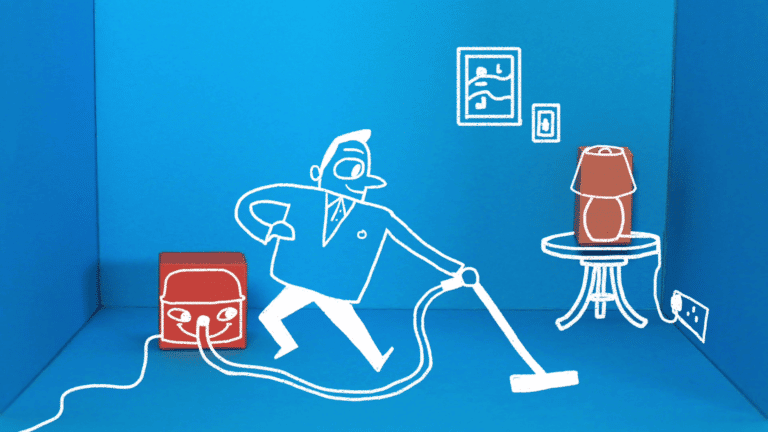 An animation scene showing someone hoovering