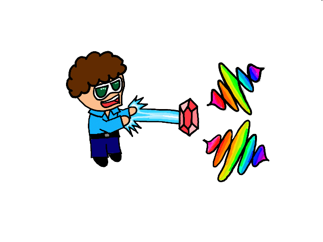drawing of character creating two sources of rainbow waves by shooting energy through a crystal