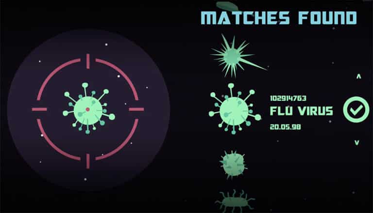 Animation scene showing a cell within a target on one side and a read out of 'matches found' on the other side - it has been identified as a flu virus
