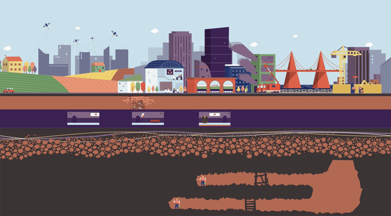 An animation scene showing a city with both overground and underground buildings and structures