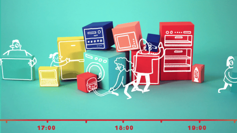 animation scene showing a timeline with different energy-use activities spread across time