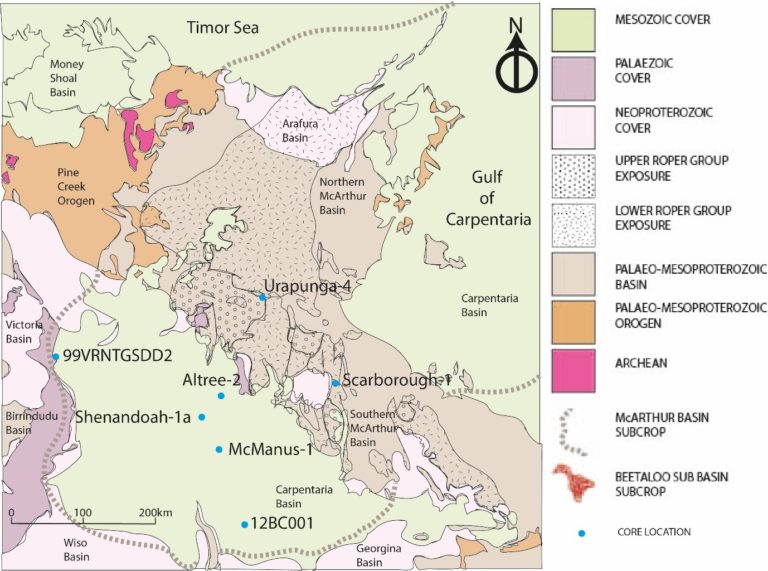 Geological map of the 'top end' of northern Australia, pale brown rocks are those examined in this study. Note, they extend under the pale green younger rocks