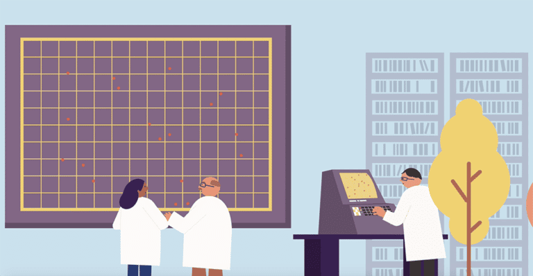 An animation scene showing three researchers working on a grid map