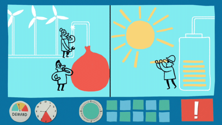 Animation scene depicting wind and solar energy storage