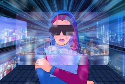 A cartoon woman wearing a stylised VR headset is surrounded by projections of a big city. Featured image for the podcast 'Is the metaverse doomed?'