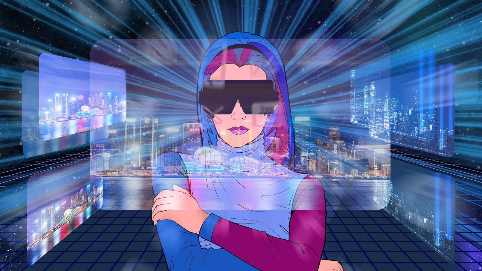 A cartoon woman wearing a stylised VR headset is surrounded by projections of a big city. Featured image for the podcast 'Is the metaverse doomed?'