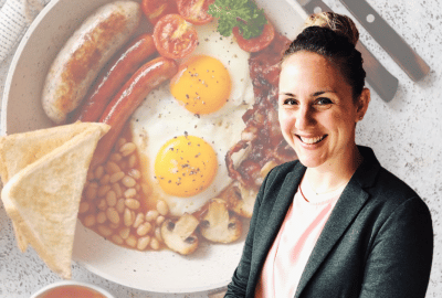 Dr Keren Papier, with a full English breakfast in the background!