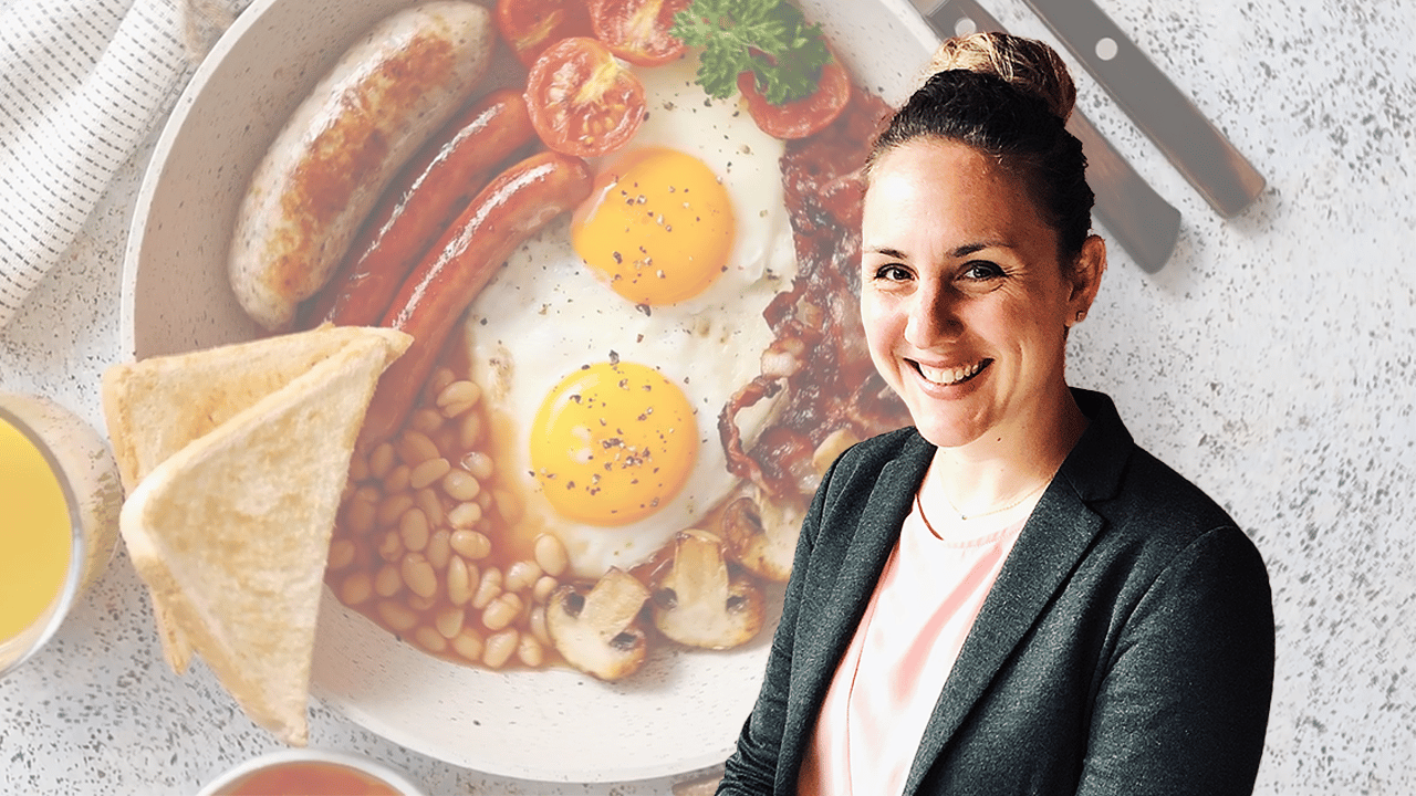 Dr Keren Papier, with a full English breakfast in the background!