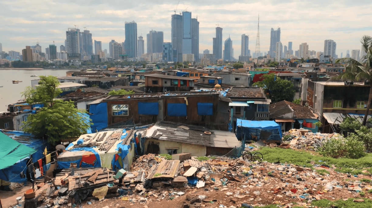Shanty town with skyscrapers in the distance. Featured image for micro-documentary 'Demography: Understanding Our World".