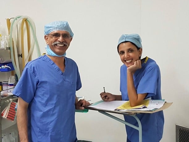 Sushma Shankar and father, both in surgery outfits