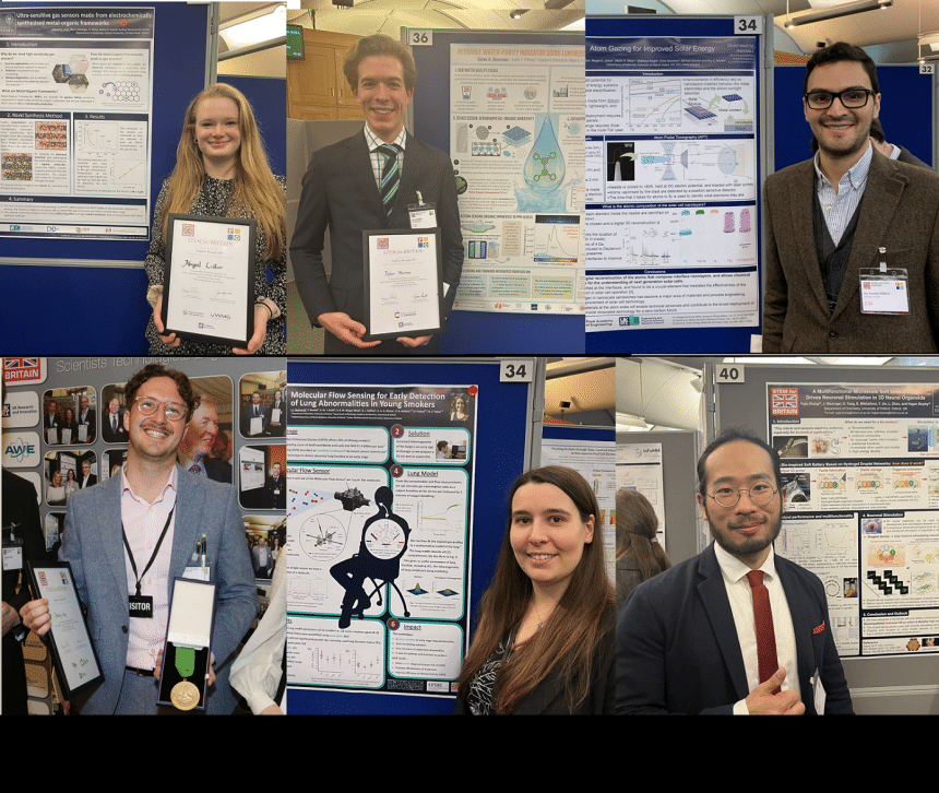 The University of Oxford STEM for Britain finalists. Abigail Lister, Dylan Sherman, Ruy Sebastian Bonilla, Yujia Zhang, Jennifer Redmond, Arkady Wey. 