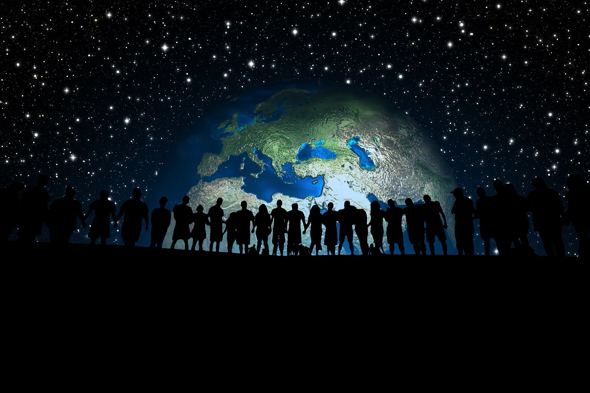 A line of people in silhouette, against the backdrop of planet Earth. Featured image for podcast episode 'How has life expectancy changed after the pandemic?'