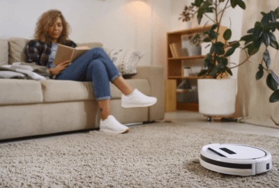 A woman sits on a sofa while a 'robot' vacuum cleaner hoovers the floor. Featured image for the video 'The Future of Automation in the Home'.