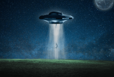 Graphic of a UFO and alien abduction; website image for the podcast episode 'Would you want to meet an alien?'