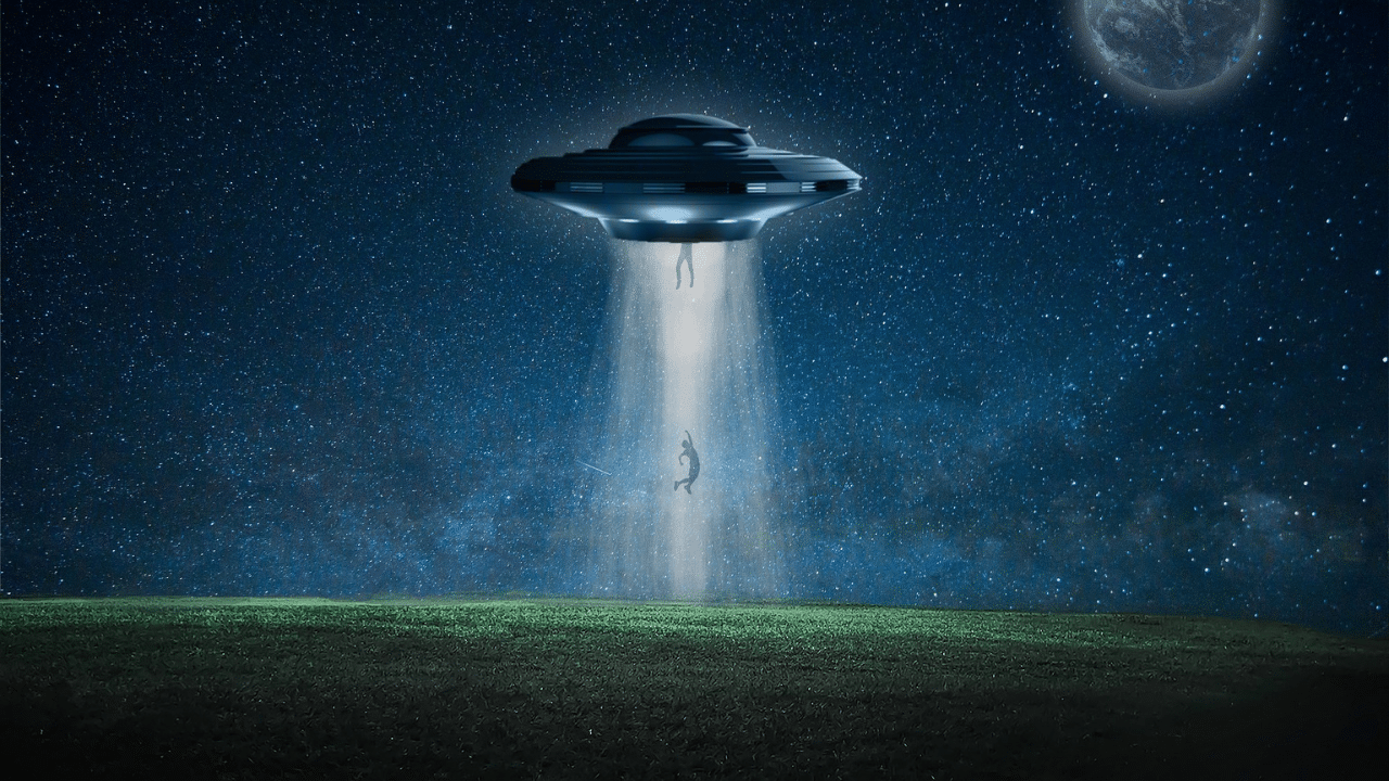 Graphic of a UFO and alien abduction; website image for the podcast episode 'Would you want to meet an alien?'