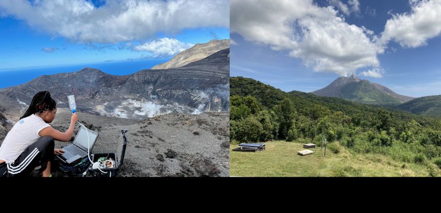 Left: A female geologist crouches on the rim of a volcano. With one hand she types on a laptop and with the other she holds up a piece of sensory equipment. Right: A steaming triangular-shaped summit of a volcano surrounded by tropical forests.