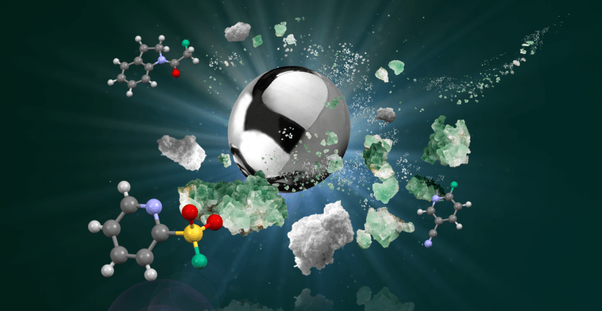 An artistic image showing a large ball smashing into irregular shaped crystals, with molecules erupting from the collision. Image credit: Calum Patel.
